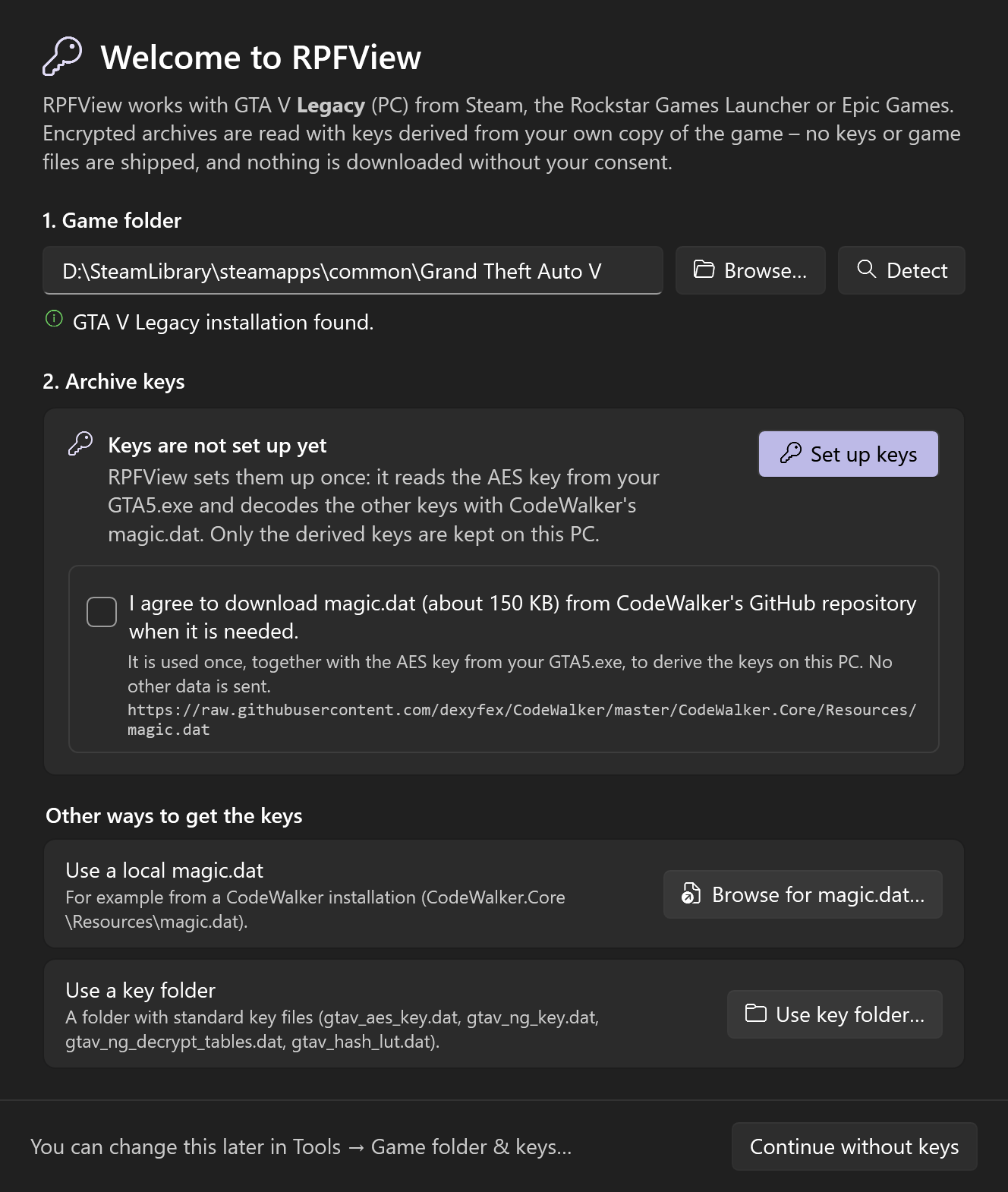 RPFView first-start dialog: the detected GTA V Legacy folder and the key setup with the consent box for downloading magic.dat