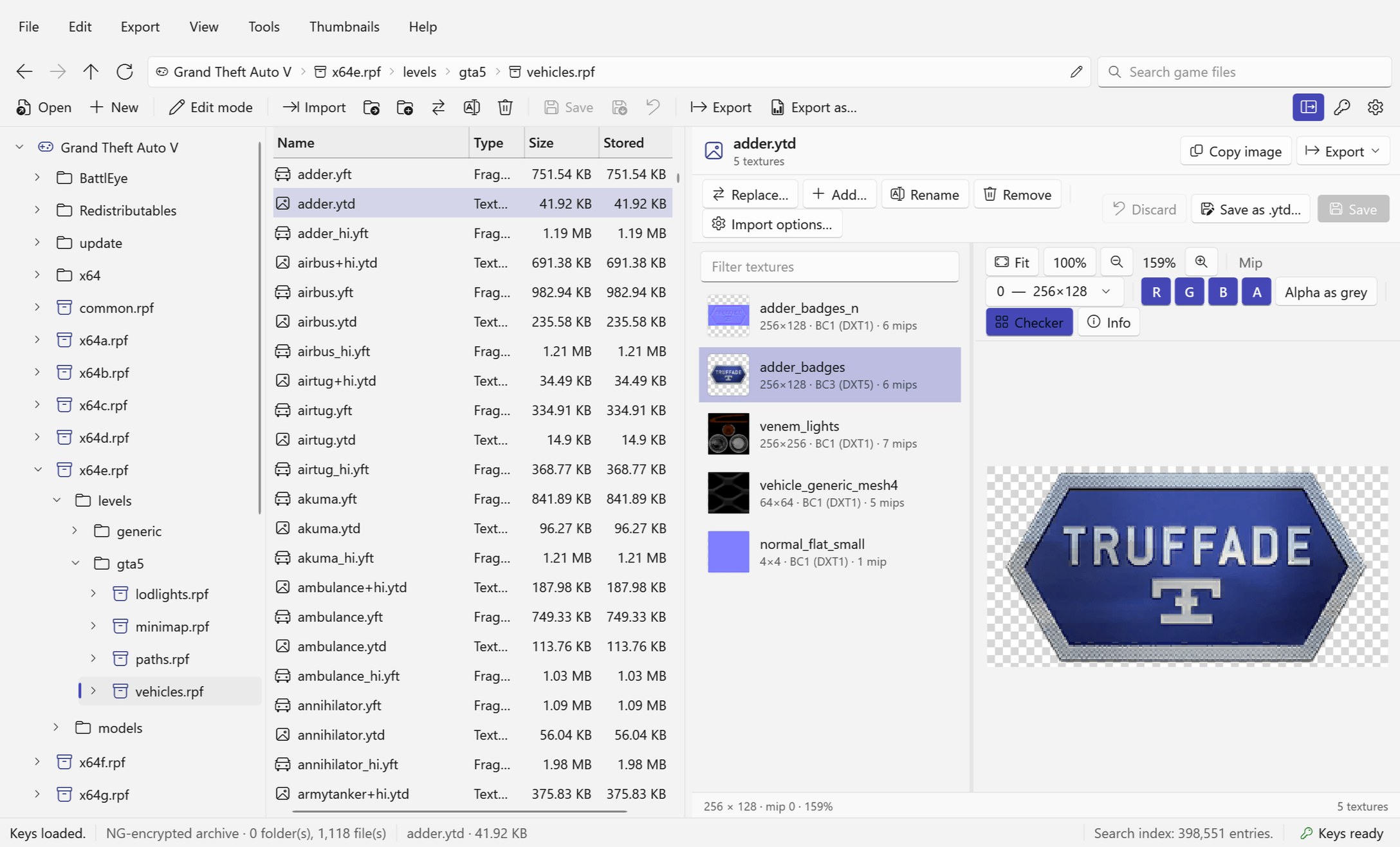 RPFView main window browsing vehicles.rpf inside x64e.rpf, with the folder tree, the file list and adder.ytd previewed in the texture viewer