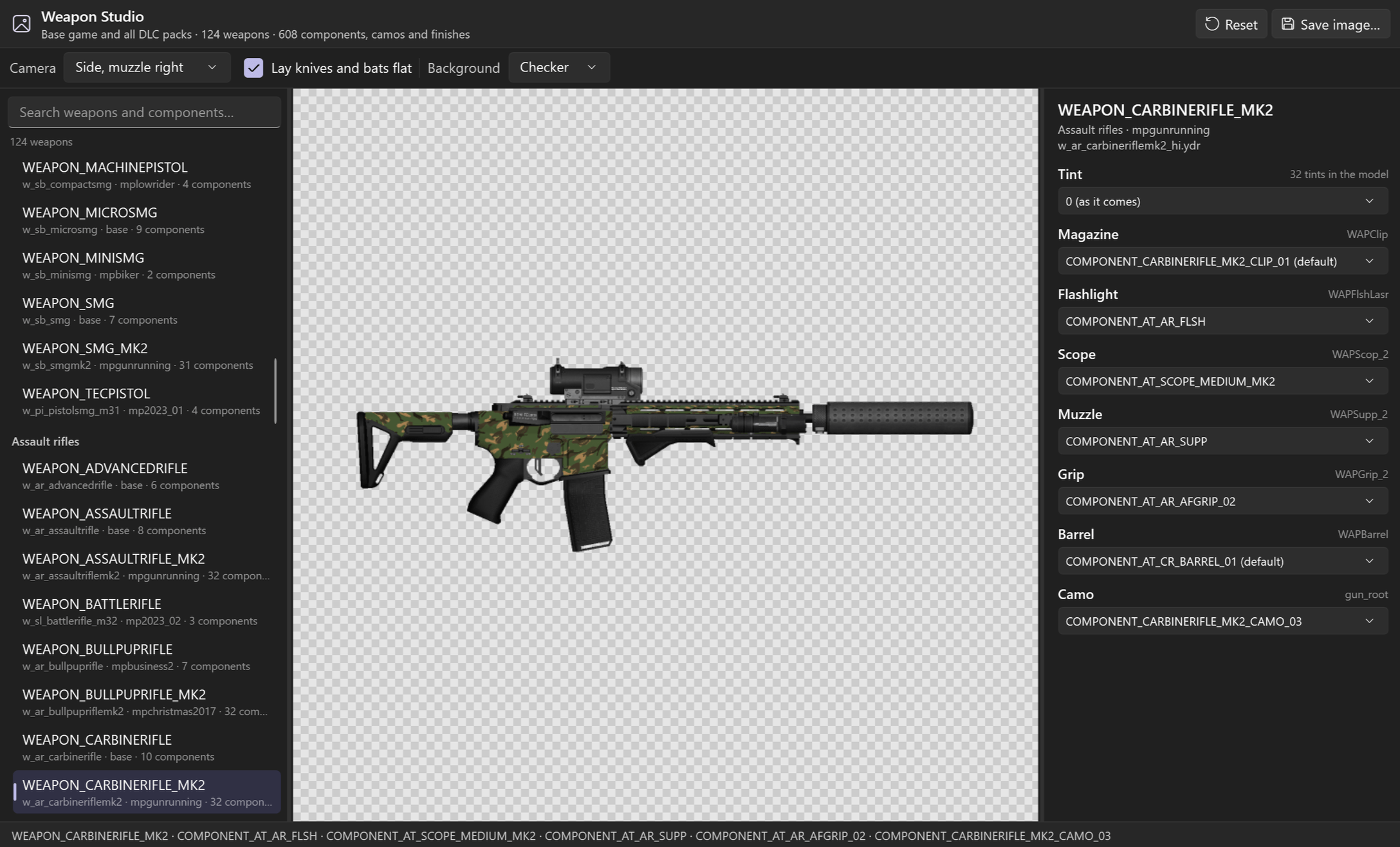 RPFView Weapon Studio showing the Carbine Rifle MK II with a scope, suppressor, flashlight, grip and woodland camo, next to the list of 124 weapons from the base game and all DLC packs