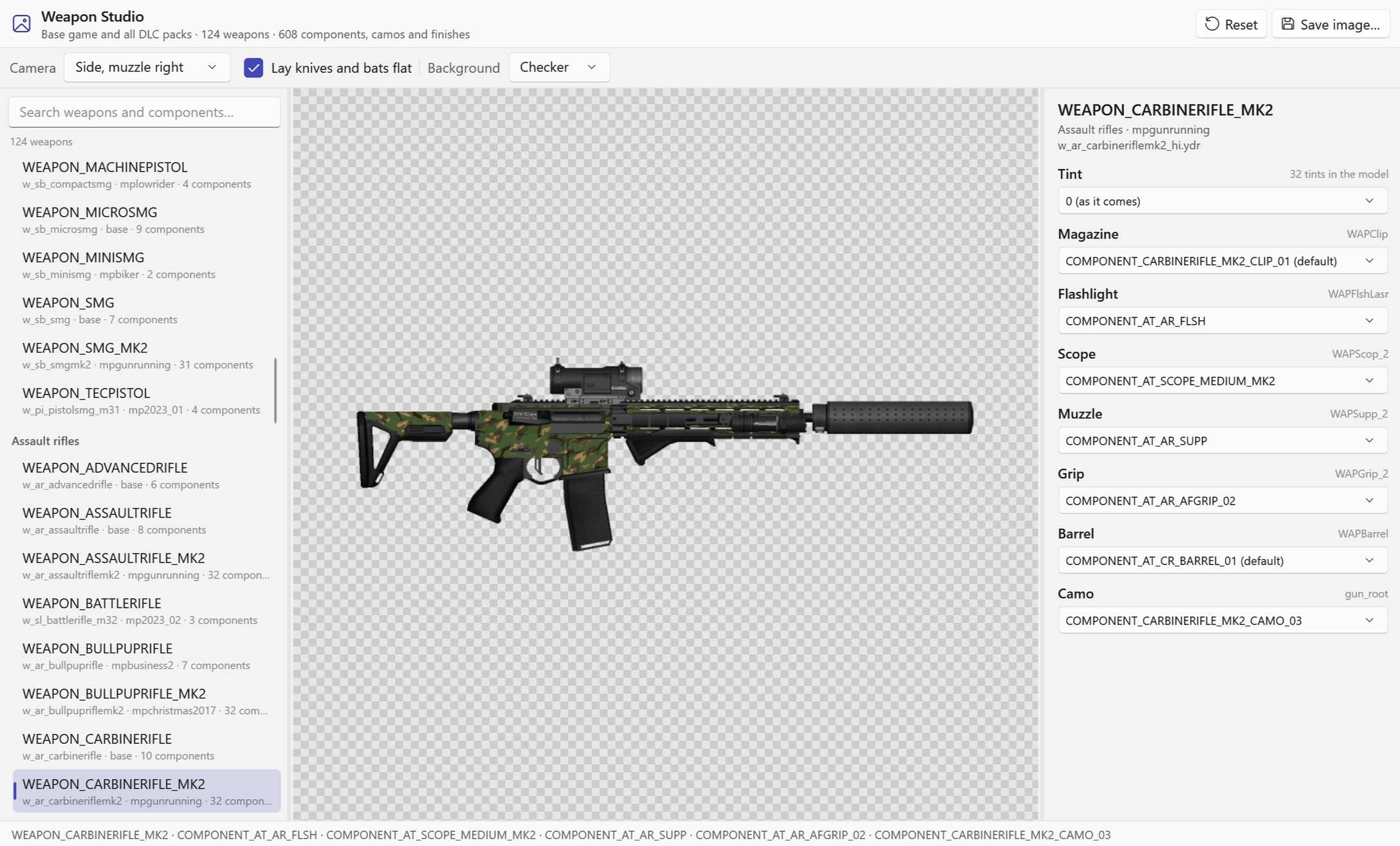 RPFView Weapon Studio showing the Carbine Rifle MK II with a scope, suppressor, flashlight, grip and woodland camo, next to the list of 124 weapons from the base game and all DLC packs